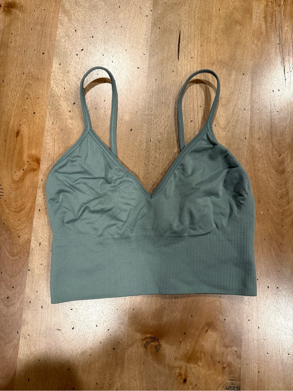 Ribbed Seamless V-Neck Bralette in Olive Green
